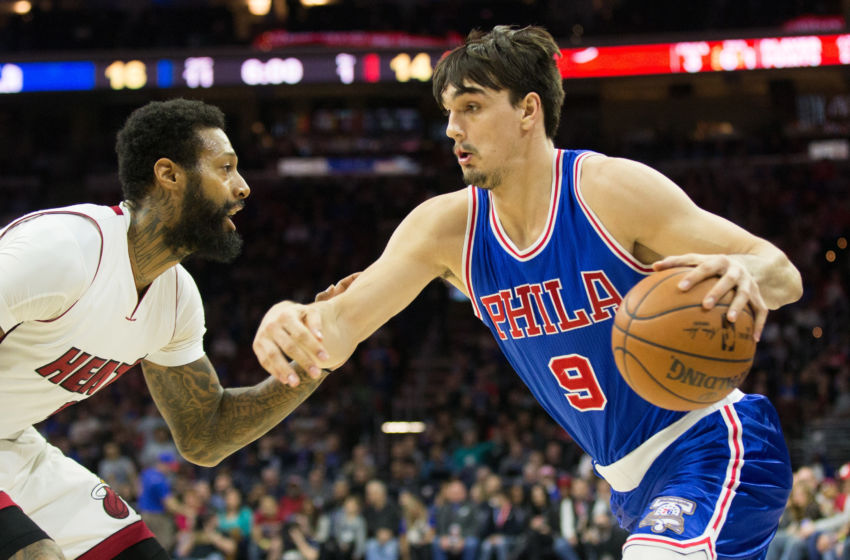 Feb 11, 2017; Philadelphia, PA, USA; Philadelphia 76ers forward Dario Saric (9) dribbles against Miami Heat forward James Johnson (16) during the first quarter at Wells Fargo Center. Mandatory Credit: Bill Streicher-USA TODAY Sports