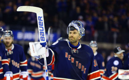 Feb 11, 2017; New York, NY, USA; New York Rangers goaltender Henrik Lundqvist (30) salutes the fans after defeating the Colorado Avalanche 4-2 at Madison Square Garden. The win was Lundqvist's 400th NHL win. Mandatory Credit: Andy Marlin-USA TODAY Sports