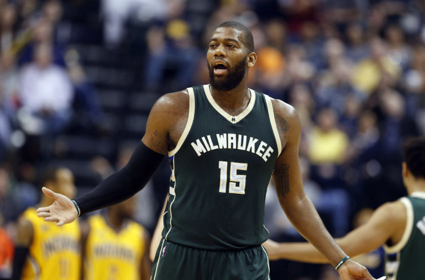 Feb 11, 2017; Indianapolis, IN, USA; Milwaukee Bucks center Greg Monroe (15) argues with a referee over a foul called on him during a game against the Indiana Pacers at Bankers Life Fieldhouse. Milwaukee defeats Indiana 116-100. Mandatory Credit: Brian Spurlock-USA TODAY Sports