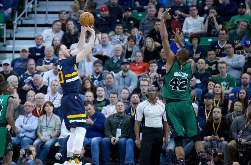 Feb 11, 2017; Salt Lake City, UT, USA; Utah Jazz forward Gordon Hayward (20) shoots the ball against Boston Celtics center Al Horford (42) during the second half at Vivint Smart Home Arena. Boston won 112-104. Mandatory Credit: Russ Isabella-USA TODAY Sports
