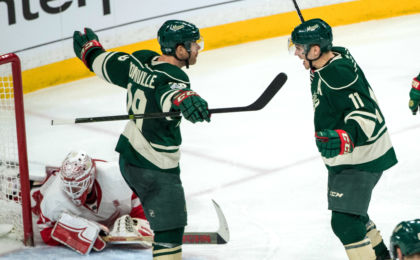 Feb 12, 2017; Saint Paul, MN, USA; Minnesota Wild forward Zach Parise (11) celebrates his goal with forward Jason Pominville (29) during the third period against the Detroit Red Wings at Xcel Energy Center. The Wild defeated the Red Wings 6-3. Mandatory Credit: Brace Hemmelgarn-USA TODAY Sports