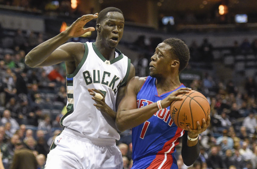 Feb 13, 2017; Milwaukee, WI, USA; Detroit Pistons guard Reggie Jackson (1) drives for the basket against Milwaukee Bucks forward Thon Maker (7) in the first quarter at BMO Harris Bradley Center. Mandatory Credit: Benny Sieu-USA TODAY Sports