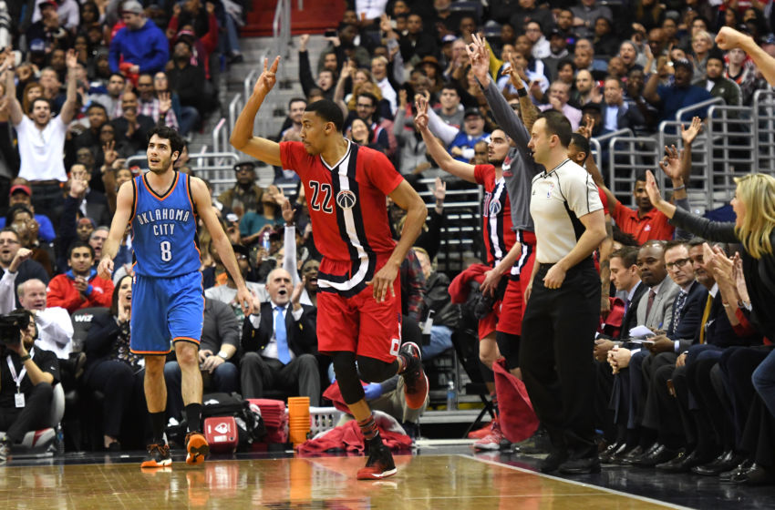 Feb 13, 2017; Washington, DC, USA; Washington Wizards forward Otto Porter Jr. (22) reacts after making a three point shot during the second quarter against the Oklahoma City Thunder at Verizon Center. Mandatory Credit: Tommy Gilligan-USA TODAY Sports
