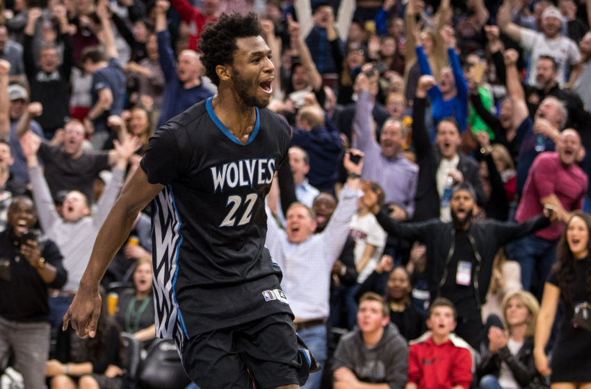 Feb 14, 2017; Minneapolis, MN, USA; Minnesota Timberwolves forward Andrew Wiggins (22) celebrates during the third quarter against the Cleveland Cavaliers at Target Center. The Cavaliers defeated the Timberwolves 116-108. Mandatory Credit: Brace Hemmelgarn-USA TODAY Sports