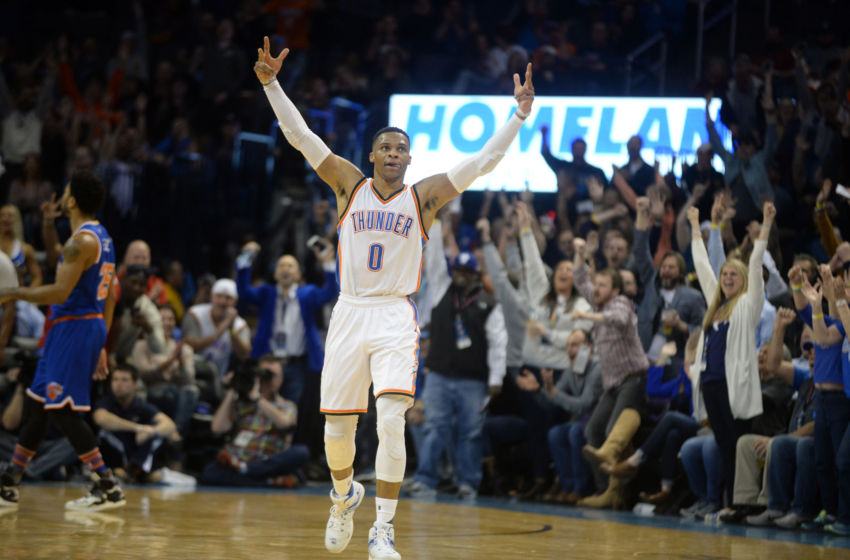 Feb 15, 2017; Oklahoma City, OK, USA; Oklahoma City Thunder guard Russell Westbrook (0) reacts after scoring against the New York Knicks during the second quarter at Chesapeake Energy Arena. Mandatory Credit: Mark D. Smith-USA TODAY Sports