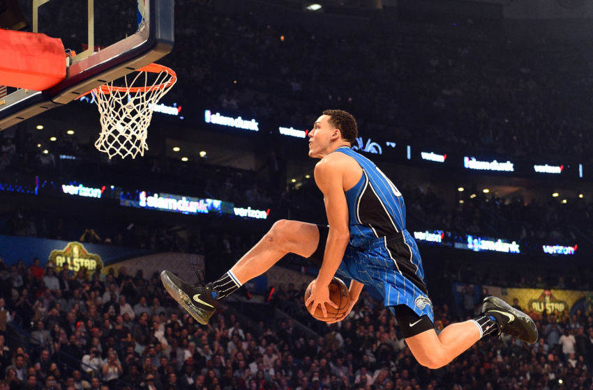 Feb 18, 2017; New Orleans, LA, USA; Orlando Magic forward Aaron Gordon (00) competes in the slam dunk contest during NBA All-Star Saturday Night at Smoothie King Center. Mandatory Credit: Bob Donnan-USA TODAY Sports