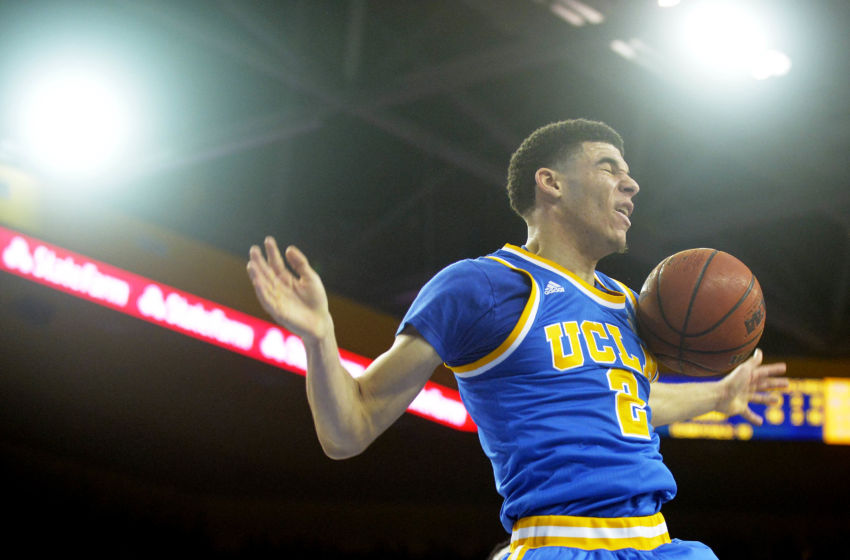 February 18, 2017; Los Angeles, CA, USA; UCLA Bruins guard Lonzo Ball (2) reacts after scoring a basket against the Southern California Trojans during the second half at Pauley Pavilion. Mandatory Credit: Gary A. Vasquez-USA TODAY Sports