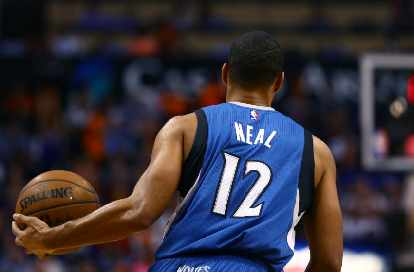 Mar 11, 2015; Phoenix, AZ, USA; Minnesota Timberwolves guard Gary Neal (12) against the Phoenix Suns at US Airways Center. The Suns defeated the Timberwolves 106-97. Mandatory Credit: Mark J. Rebilas-USA TODAY Sports