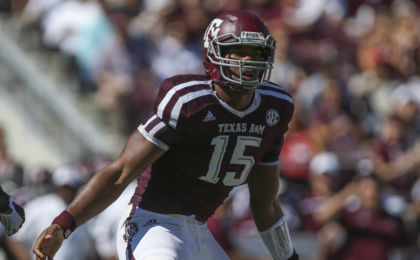 Sep 19, 2015; College Station, TX, USA; Texas A&M Aggies defensive lineman Myles Garrett (15) reacts after making a sack during the first quarter against the Nevada Wolf Pack at Kyle Field. Troy Taormina-USA TODAY Sports