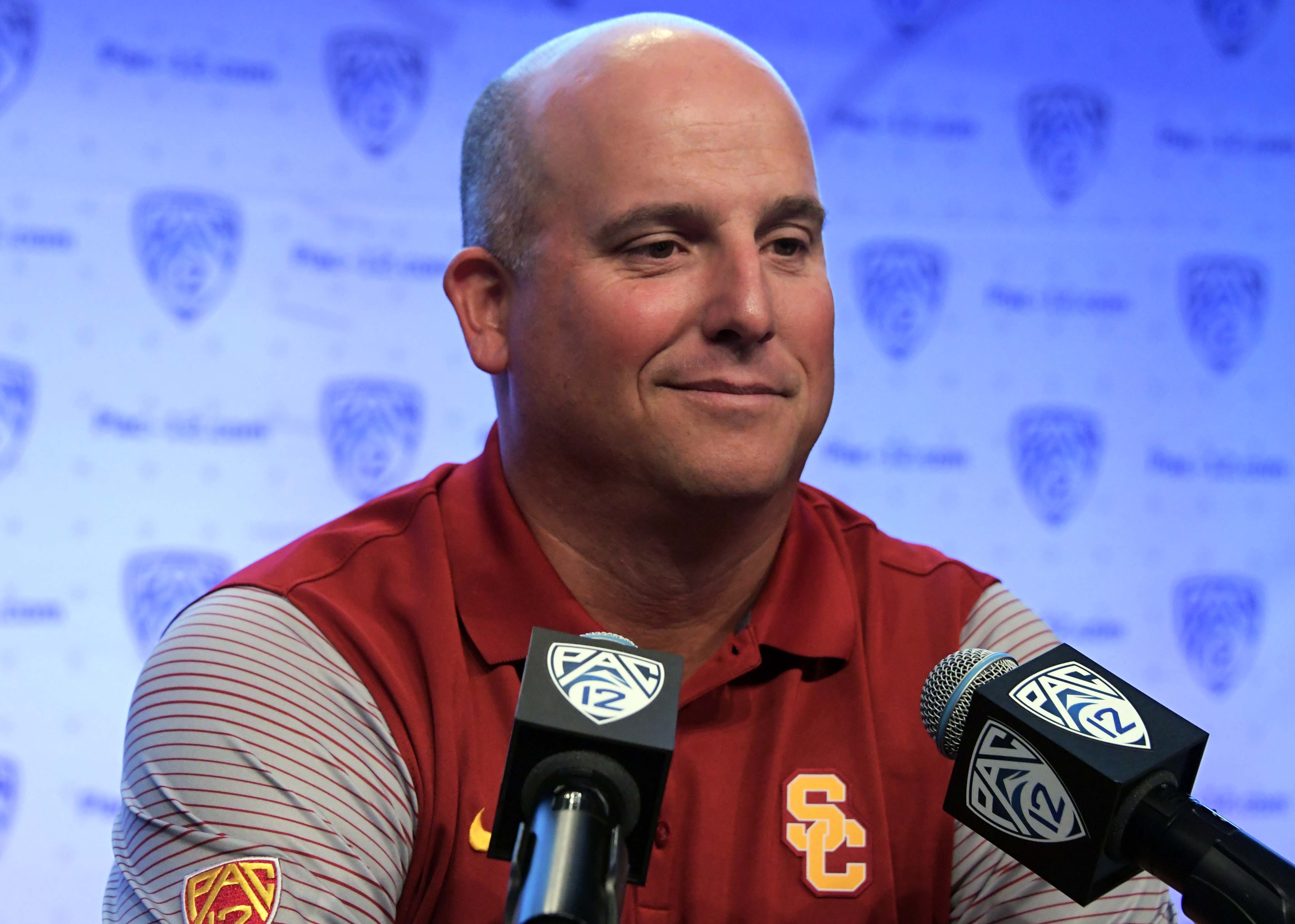 Jul 14, 2016; Hollywood, CA, USA; Southern California Trojans coach Clay Helton during Pac-12 media day at Hollywood & Highland. Mandatory Credit: Kirby Lee-USA TODAY Sports