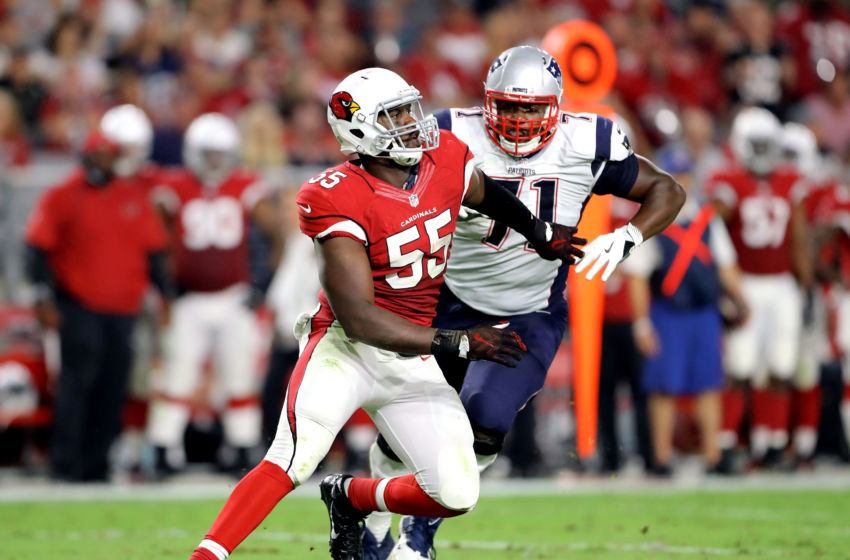 Sep 11, 2016; Glendale, AZ, USA; Arizona Cardinals linebacker Chandler Jones (55) against New England Patriots offensive lineman Cameron Fleming (71) at University of Phoenix Stadium. The Patriots defeated the Cardinals 23-21. Mandatory Credit: Mark J. Rebilas-USA TODAY Sports