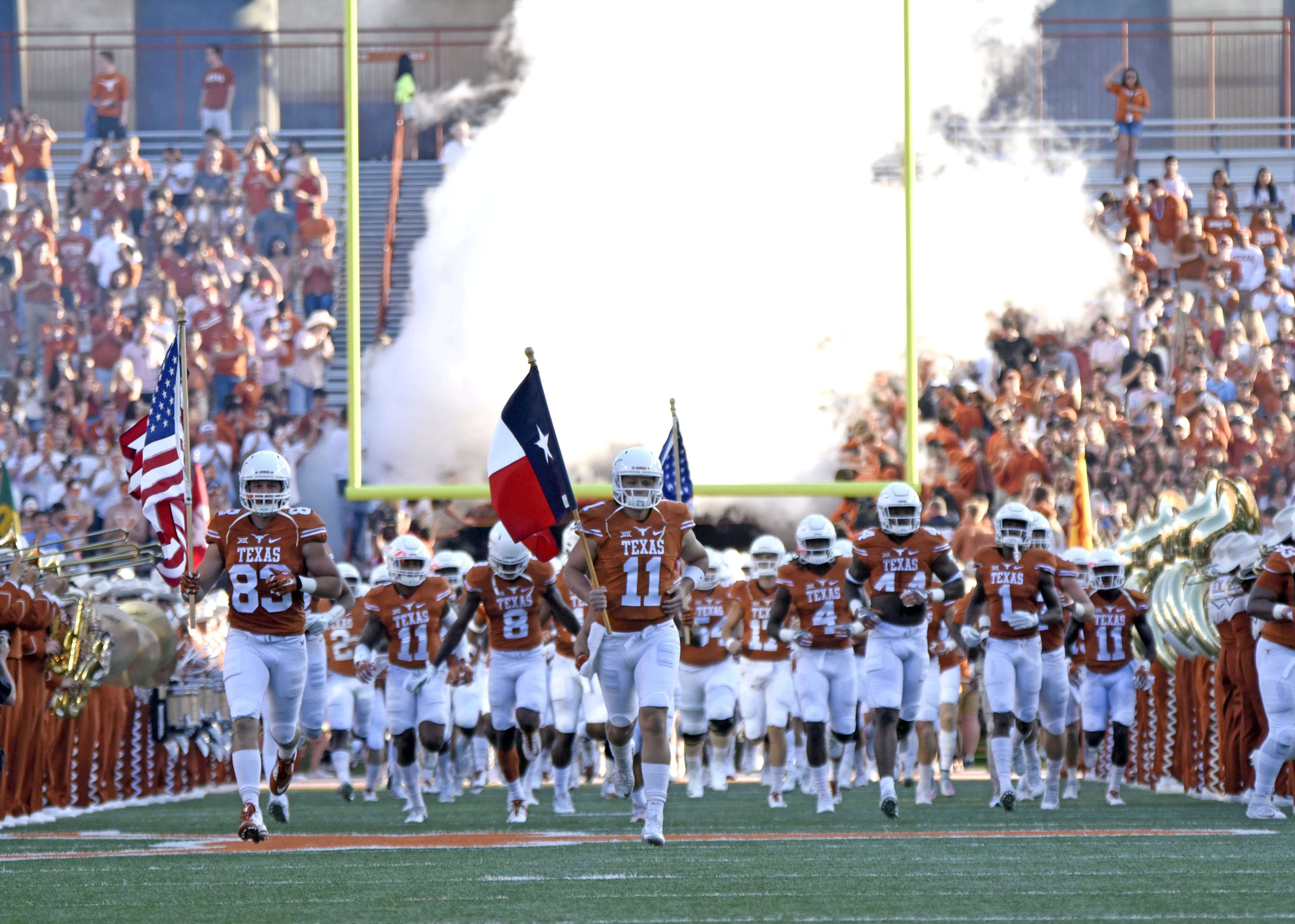 Oct 15, 2016; Austin, TX, USA; The Texas Longhorns take the field prior to kickoff against the Iowa State Cyclones at Darrell K Royal-Texas Memorial Stadium. The Longhorns won 27-6. Mandatory Credit: Brendan Maloney-USA TODAY Sports