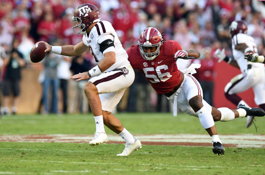 Oct 22, 2016; Tuscaloosa, AL, USA; Alabama Crimson Tide linebacker Tim Williams (56) sacks Texas A&M Aggies quarterback Trevor Knight (8) during the third quarter at Bryant-Denny Stadium. Mandatory Credit: John David Mercer-USA TODAY Sports