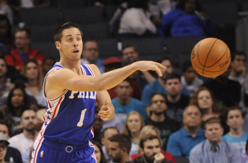 Nov 2, 2016; Charlotte, NC, USA; Philadelphia 76ers guard TJ McConnell (1) passes the ball during the second half of the game against the Charlotte Hornets at the Spectrum Center. Hornets win 109-93. Mandatory Credit: Sam Sharpe-USA TODAY Sports