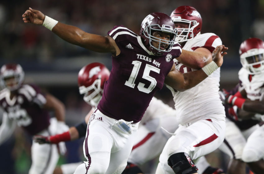 Sep 24, 2016; Dallas, TX, USA; Texas A&M Aggies defensive lineman Myles Garrett (15) during the game against the Arkansas Razorbacks at AT&T Stadium. Mandatory Credit: Kevin Jairaj-USA TODAY Sports