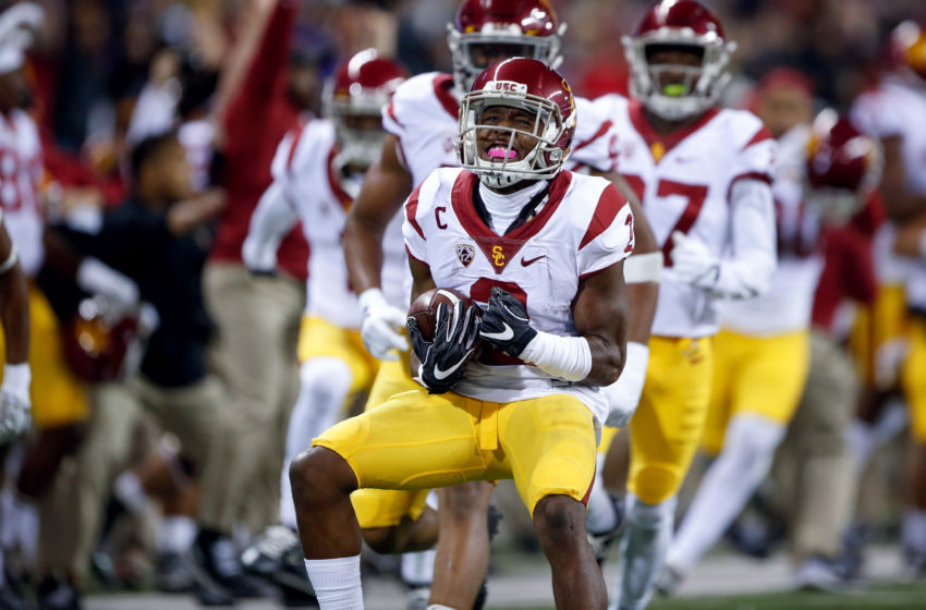 Nov 12, 2016; Seattle, WA, USA; USC Trojans defensive back Adoree' Jackson (2) celebrates after making an interception against the Washington Huskies during the fourth quarter at Husky Stadium. USC defeated Washington, 26-13. Mandatory Credit: Joe Nicholson-USA TODAY Sports