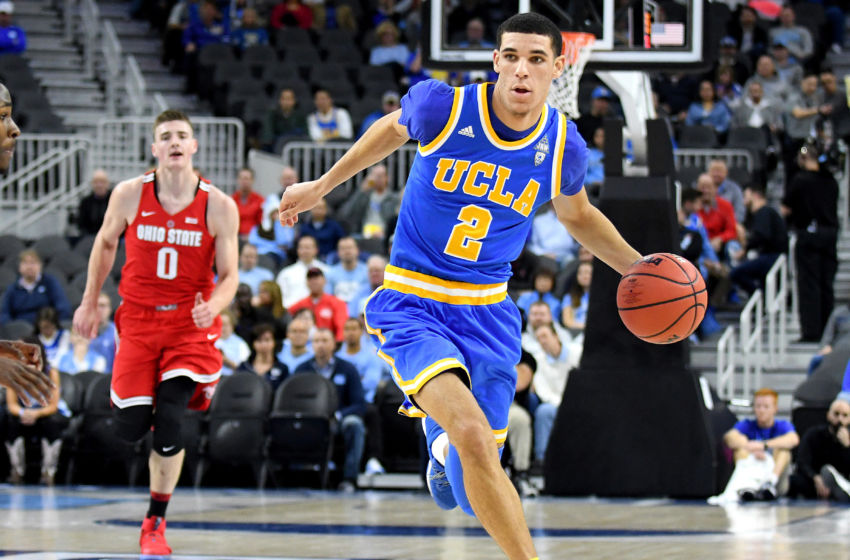 Dec 17, 2016; Las Vegas, NV, USA; UCLA Bruins guard Lonzo Ball (2) dribbles the ball during the first half against the Ohio State Buckeyes at T-Mobile Arena. Mandatory Credit: Stephen R. Sylvanie-USA TODAY Sports