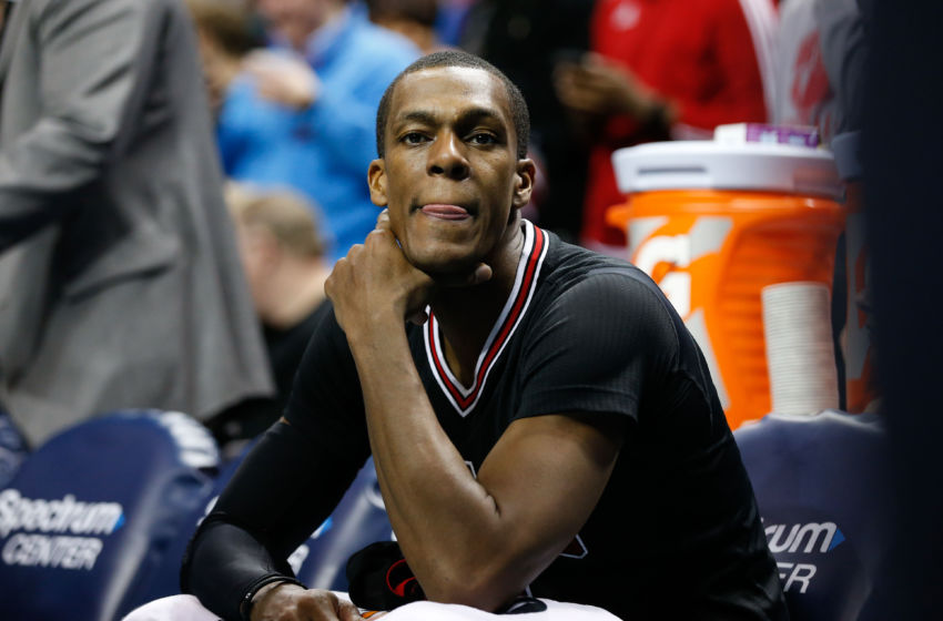Dec 23, 2016; Charlotte, NC, USA; Chicago Bulls guard Rajon Rondo (9) sits on the bench during the second half against the Charlotte Hornets at Spectrum Center. The Hornets defeated the Bulls 103-91. Mandatory Credit: Jeremy Brevard-USA TODAY Sports