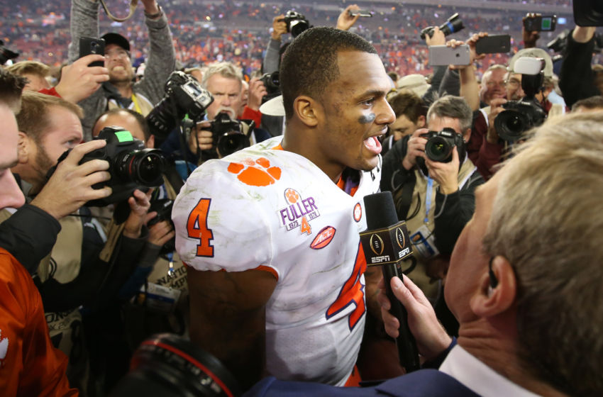 Jan 9, 2017; Tampa, FL, USA; Clemson Tiger quarterback Deshaun Watson (4) celebrates after a 35-31 victory against the Alabama Crimson Tide in the 2017 College Football Playoff National Championship Game at Raymond James Stadium. Mandatory Credit: Matthew Emmons-USA TODAY Sports