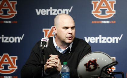 Jan 21, 2017; Auburn, AL, USA; New Auburn Tigers offensive coordinator Chip Lindsey is introduced to the media following the basketball game against the Alabama Crimson Tide at Auburn Arena. Mandatory Credit: John Reed-USA TODAY Sports