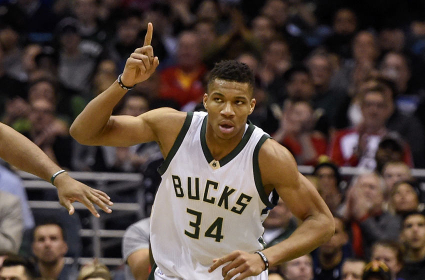 Jan 23, 2017; Milwaukee, WI, USA; Milwaukee Bucks forward Giannis Antetokounmpo (34) reacts after scoring a basket in the second quarter during the game against the Houston Rockets at BMO Harris Bradley Center. Mandatory Credit: Benny Sieu-USA TODAY Sports