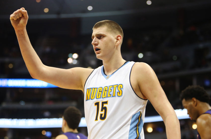 Jan 26, 2017; Denver, CO, USA; Denver Nuggets forward Nikola Jokic (15) reacts during the second half against the Phoenix Suns at Pepsi Center. The Nuggets won 127-120. Mandatory Credit: Chris Humphreys-USA TODAY Sports