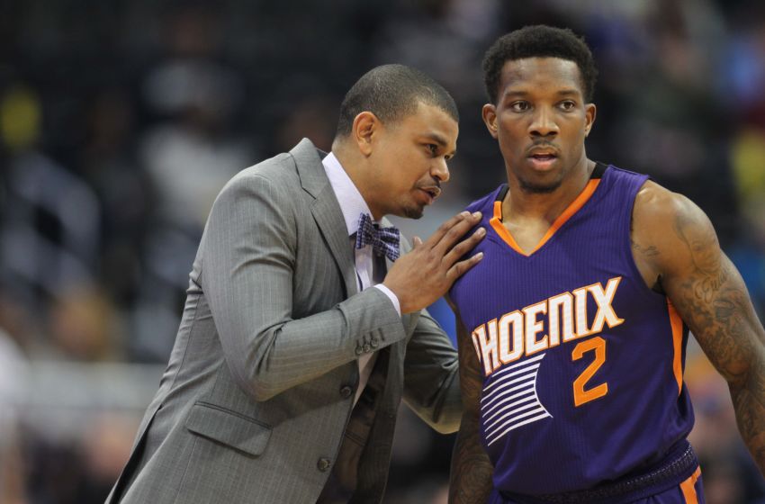Jan 26, 2017; Denver, CO, USA; Phoenix Suns head coach Earl Watson (L) talks to Phoenix Suns guard Eric Bledsoe (2) during the first half against the Denver Nuggets at Pepsi Center. The Nuggets won 127-120. Mandatory Credit: Chris Humphreys-USA TODAY Sports