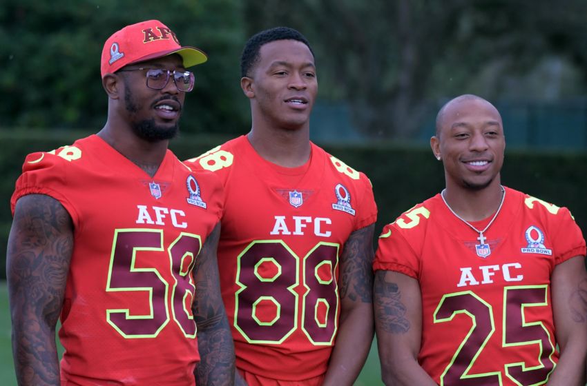 Jan 27, 2017; Kissimmee, FL, USA; Denver Broncos linebacker Von Miller (58), receiver Demaryius Thomas (88) and cornerback Chris Harris (25) during practice for the 2017 Pro Bowl at ESPN Wide World of Sports Complex. Mandatory Credit: Kirby Lee-USA TODAY Sports