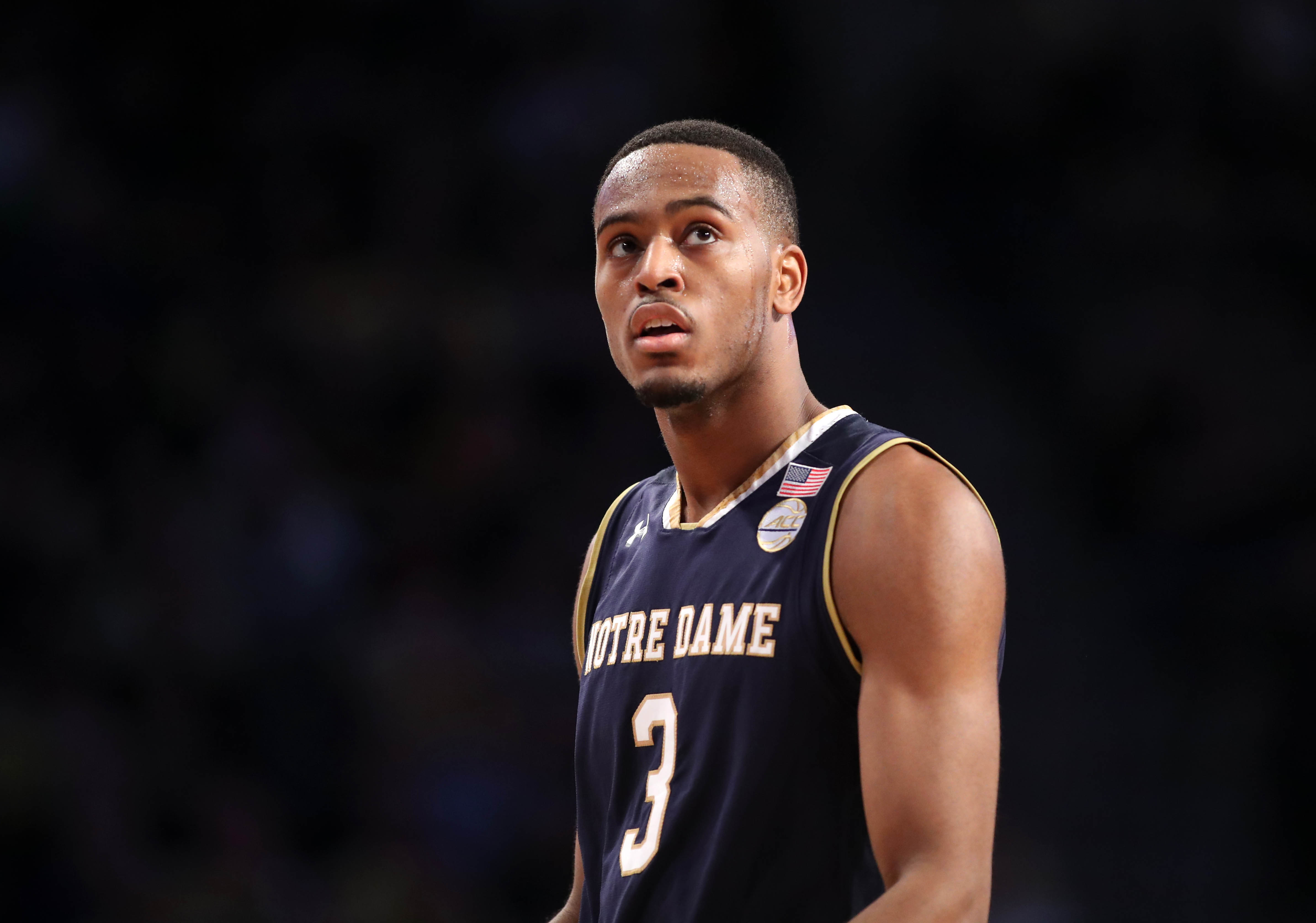 Jan 28, 2017; Atlanta, GA, USA; Notre Dame Fighting Irish forward V.J. Beachem (3) walks toward the bench during their game against the Georgia Tech Yellow Jackets at McCamish Pavilion. The Yellow Jackets won 62-60. Mandatory Credit: Jason Getz-USA TODAY Sports