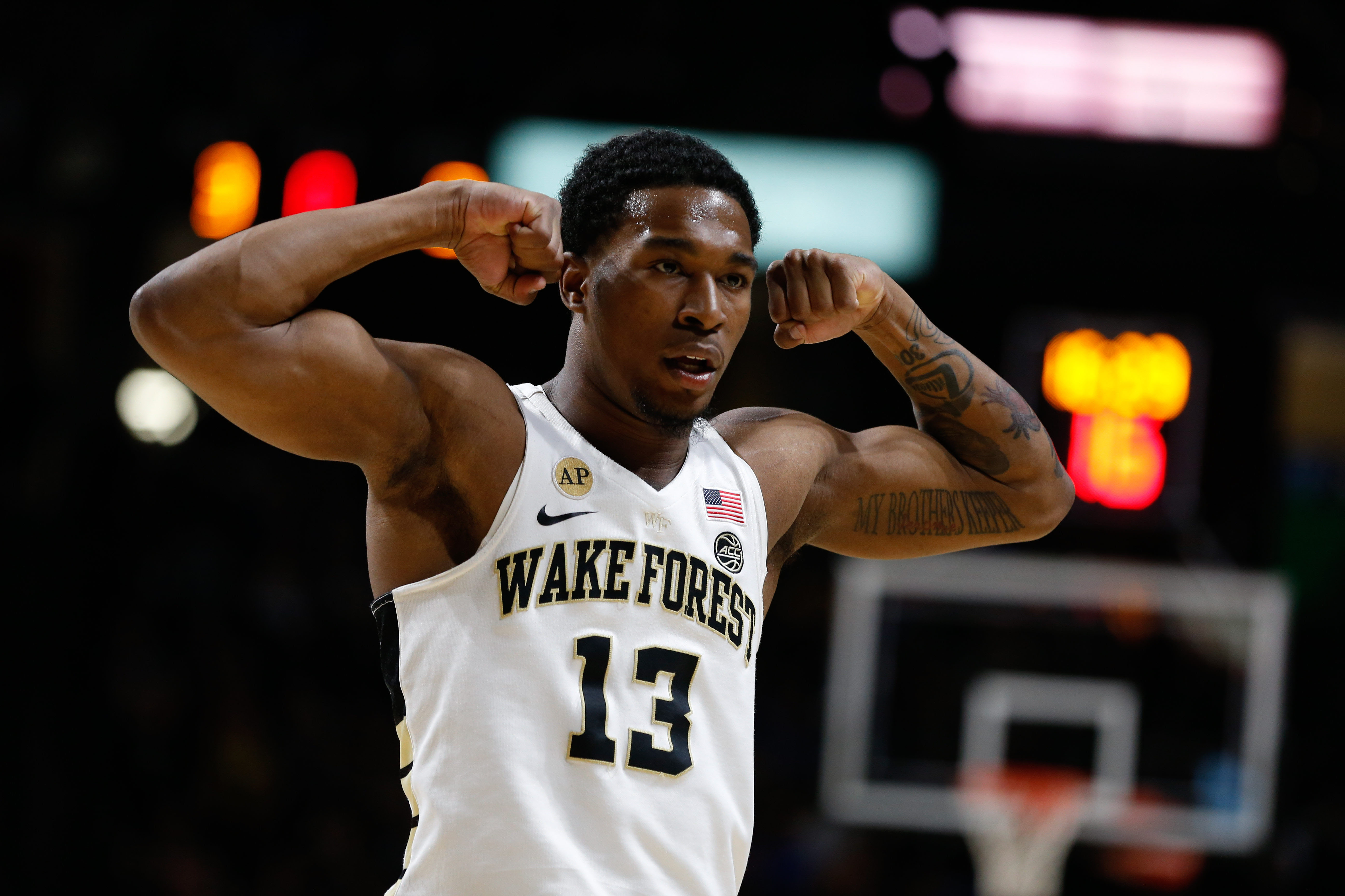Jan 28, 2017; Winston-Salem, NC, USA; Wake Forest Demon Deacons guard Bryant Crawford (13) reacts after a score in the first half against the Duke Blue Devils at Lawrence Joel Veterans Memorial Coliseum. Mandatory Credit: Jeremy Brevard-USA TODAY Sports
