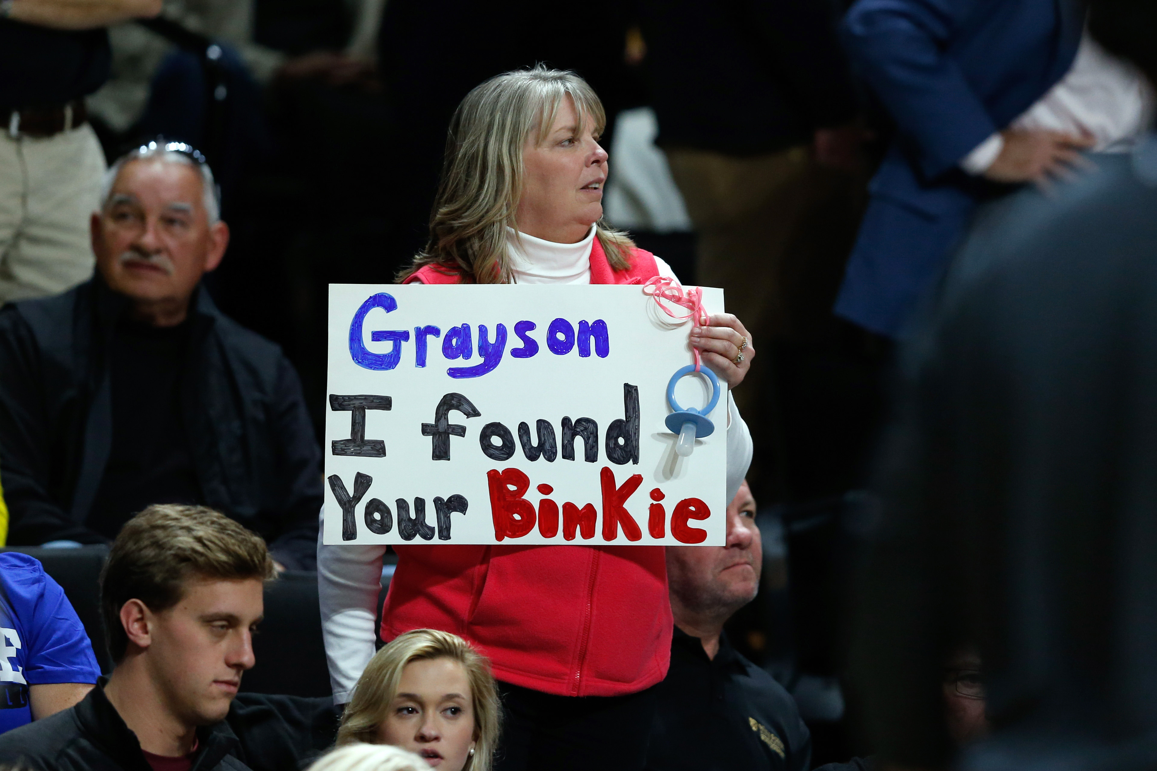 Jan 28, 2017; Winston-Salem, NC, USA; A Wake Forest Demon Deacons fan holds up a sign during the game against the Duke Blue Devils at Lawrence Joel Veterans Memorial Coliseum. Duke defeated Wake 85-83. Mandatory Credit: Jeremy Brevard-USA TODAY Sports