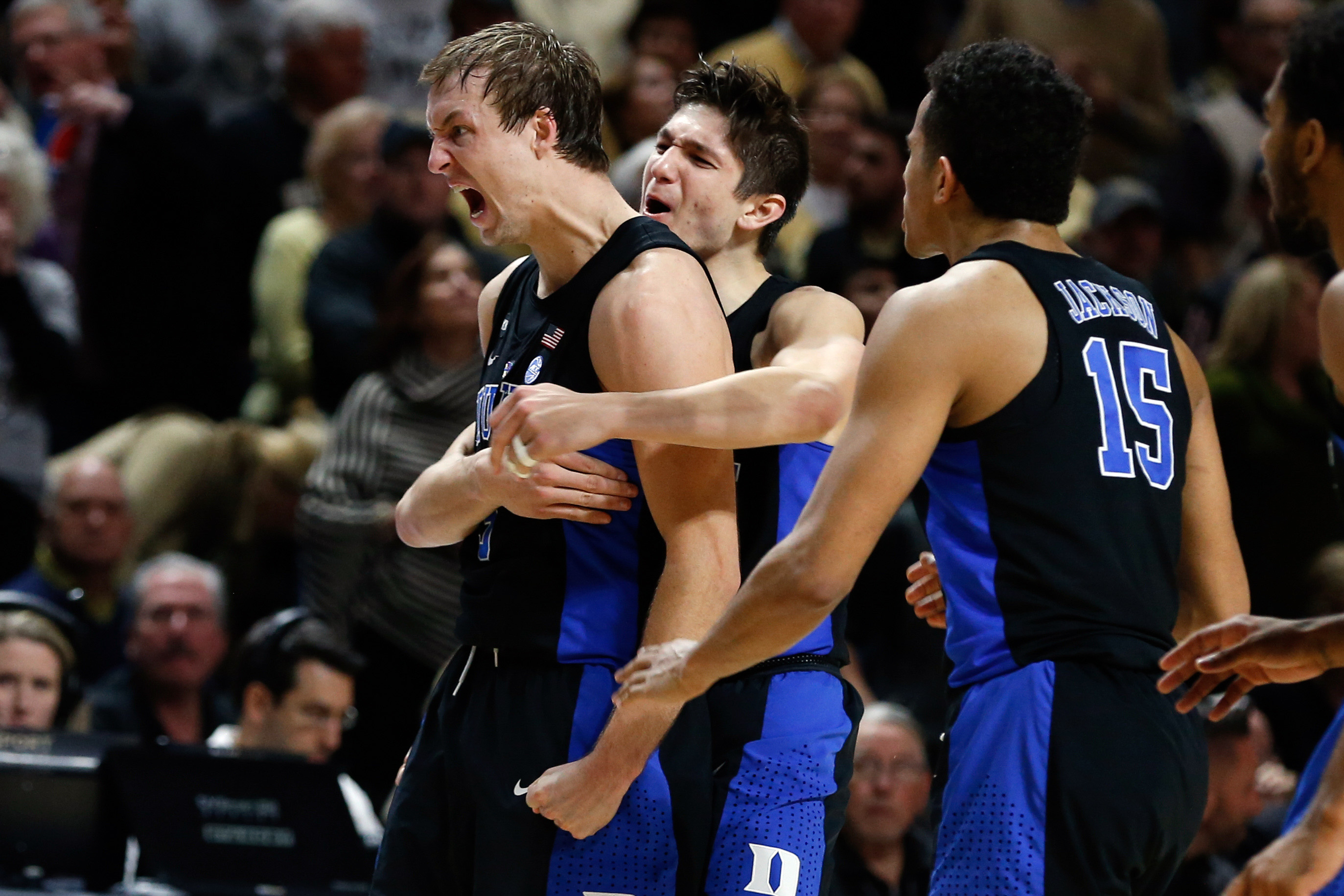 Jan 28, 2017; Winston-Salem, NC, USA; Duke Blue Devils guard Luke Kennard (5) celebrates with guard Grayson Allen (3) after hitting the go ahead three point shot in the final 7 seconds against the Wake Forest Demon Deacons at Lawrence Joel Veterans Memorial Coliseum. Duke defeated Wake 85-83. Mandatory Credit: Jeremy Brevard-USA TODAY Sports