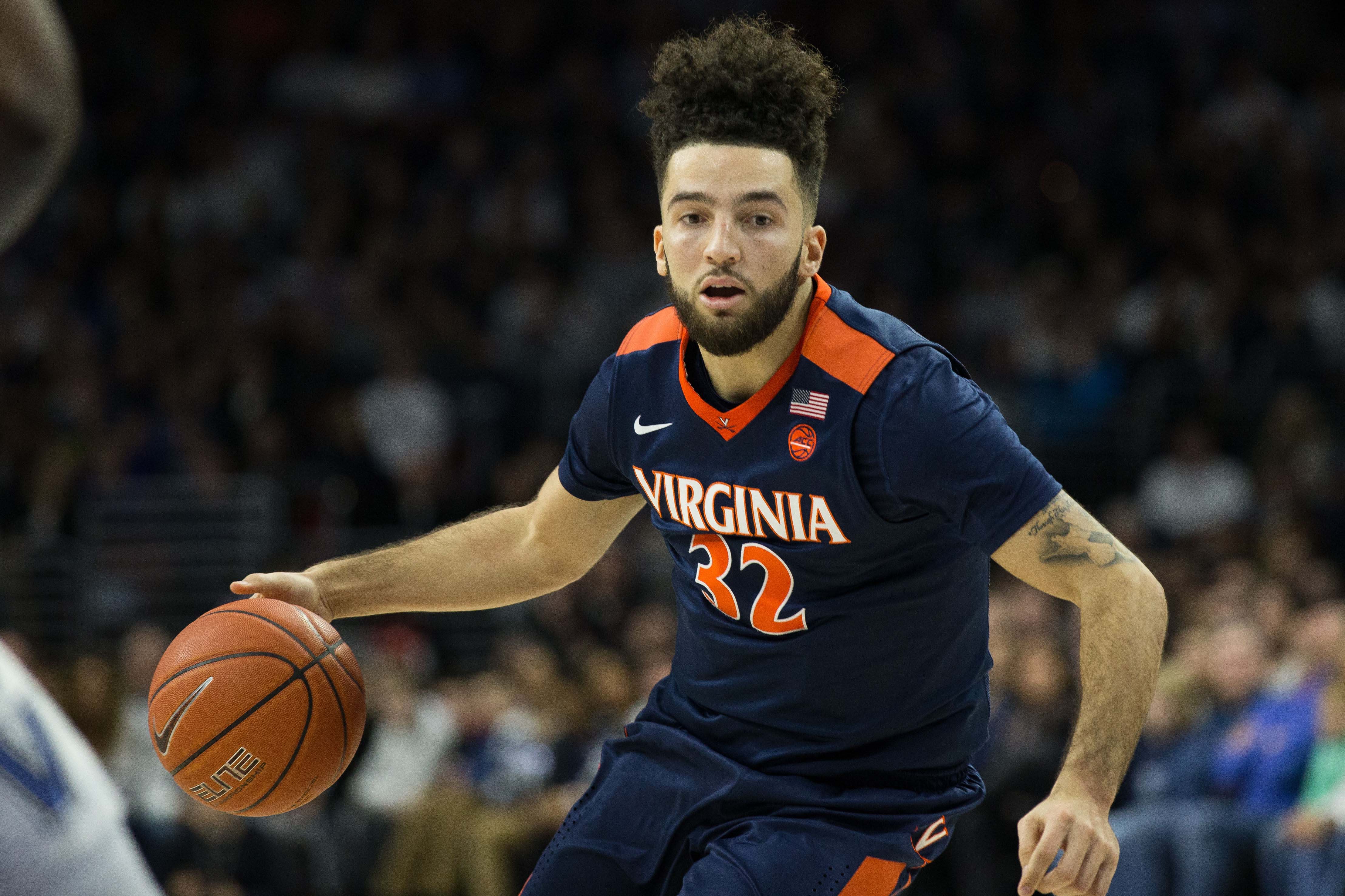 Jan 29, 2017; Philadelphia, PA, USA; Virginia Cavaliers guard London Perrantes (32) dribbles against the Villanova Wildcats during the first half at Wells Fargo Center. Mandatory Credit: Bill Streicher-USA TODAY Sports