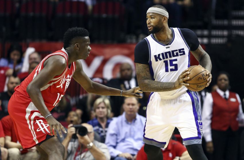 Jan 31, 2017; Houston, TX, USA; Sacramento Kings forward DeMarcus Cousins (15) controls the ball as Houston Rockets center Clint Capela (15) defends during the first quarter at Toyota Center. Mandatory Credit: Troy Taormina-USA TODAY Sports