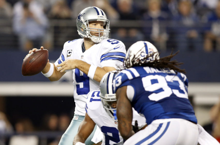 Dec 21, 2014; Arlington, TX, USA; Dallas Cowboys quarterback Tony Romo (9) throws the ball against the Indianapolis Colts in the first quarter at AT&T Stadium. Mandatory Credit: Tim Heitman-USA TODAY Sports