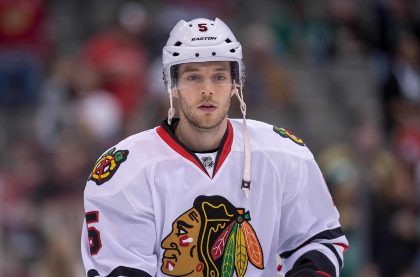 Mar 21, 2015; Dallas, TX, USA; Chicago Blackhawks defenseman David Rundblad (5) skates in warm-ups prior to the game against the Dallas Stars at the American Airlines Center. The Stars shut out the Blackhawks 4-0. Mandatory Credit: Jerome Miron-USA TODAY Sports