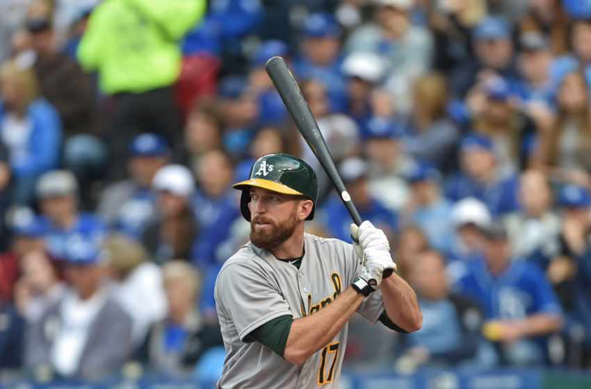 Apr 18, 2015; Kansas City, MO, USA; Oakland Athletics Ike Davis (17) at bat against the Kansas City Royals during the second inning at Kauffman Stadium. Mandatory Credit: Peter G. Aiken-USA TODAY Sports
