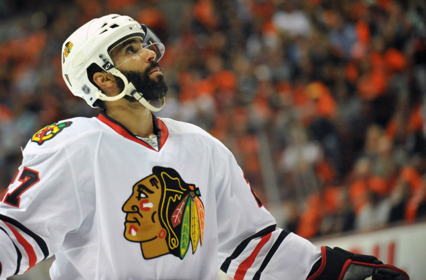 May 17, 2015; Anaheim, CA, USA; Chicago Blackhawks defenseman Johnny Oduya (27) during a stoppage in play against the Anaheim Ducks during the second period in game one of the Western Conference Final of the 2015 Stanley Cup Playoffs at Honda Center. Mandatory Credit: Gary A. Vasquez-USA TODAY Sports
