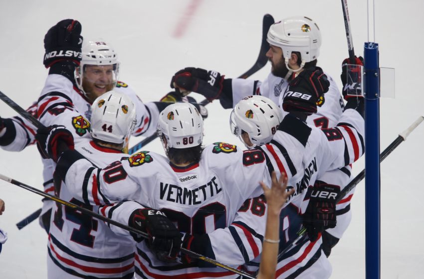 Jun 13, 2015; Tampa, FL, USA; Chicago Blackhawks center Antoine Vermette (80) celebrates with teammates after scoring a goal against the Tampa Bay Lightning in the third period game five of the 2015 Stanley Cup Final at Amalie Arena. Mandatory Credit: Reinhold Matay-USA TODAY Sports
