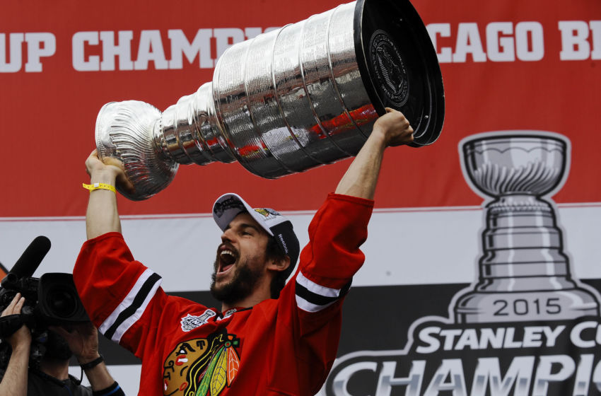 Jun 18, 2015; Chicago, IL, USA; Chicago Blackhawks center Antoine Vermette (80) holds the Stanley Cup during the 2015 Stanley Cup championship rally at Soldier Field. Mandatory Credit: Matt Marton-USA TODAY Sports