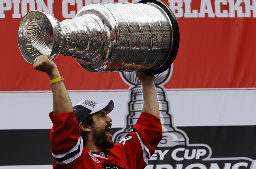 Jun 18, 2015; Chicago, IL, USA; Chicago Blackhawks center Antoine Vermette (80) holds the Stanley Cup during the 2015 Stanley Cup championship rally at Soldier Field. Mandatory Credit: Matt Marton-USA TODAY Sports