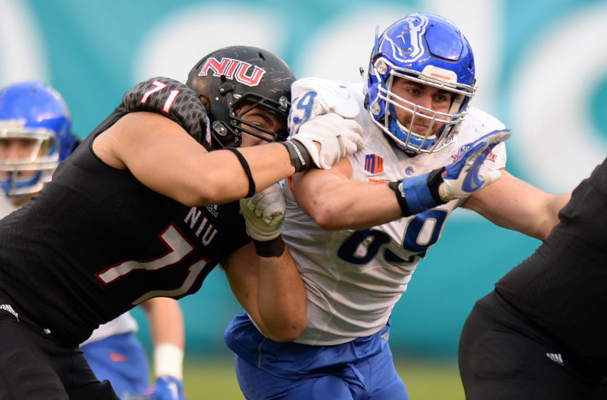 Dec 23, 2015; San Diego, CA, USA; Boise State Broncos defensive tackle Tyler Horn (69) works against Northern Illinois Huskies offensive lineman Levon Myers (71) during the third quarter in the 2015 Poinsettia Bowl at Qualcomm Stadium. Mandatory Credit: Jake Roth-USA TODAY Sports
