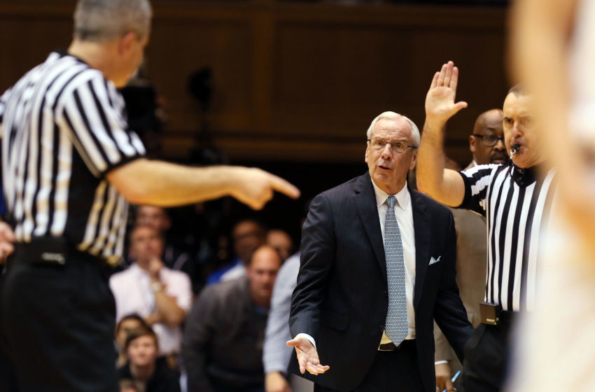 Mar 5, 2016; Durham, NC, USA; North Carolina Tar Heels head coach Roy Williams questions a call by the officials in the second half of their game against the Duke Blue Devils at Cameron Indoor Stadium. Mandatory Credit: Mark Dolejs-USA TODAY Sports