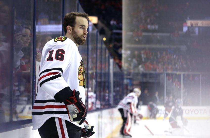 Apr 9, 2016; Columbus, OH, USA; Chicago Blackhawks left wing Andrew Ladd (16) against the Columbus Blue Jackets at Nationwide Arena. The Blue Jackets won 5-4 in overtime. Mandatory Credit: Aaron Doster-USA TODAY Sports