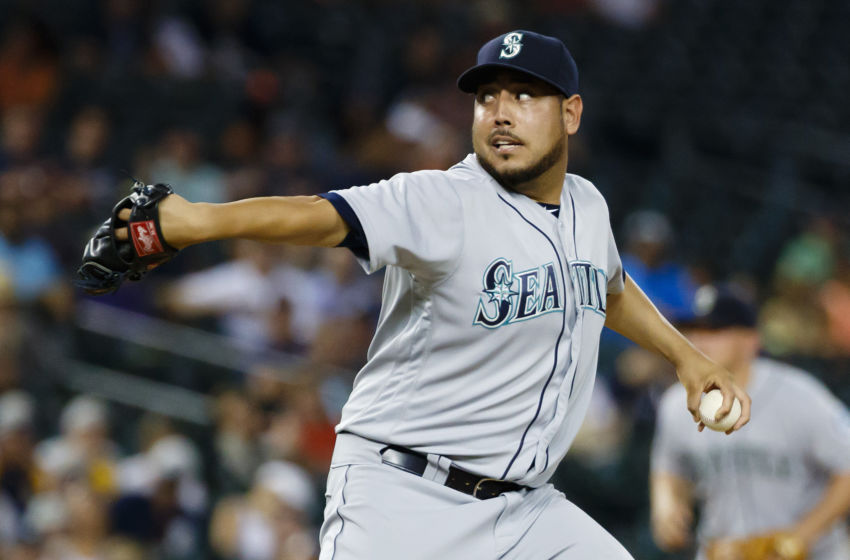 Jun 20, 2016; Detroit, MI, USA; Seattle Mariners relief pitcher Vidal Nuno (38) pitches in the 10th inning against the Detroit Tigers at Comerica Park. Mandatory Credit: Rick Osentoski-USA TODAY Sports