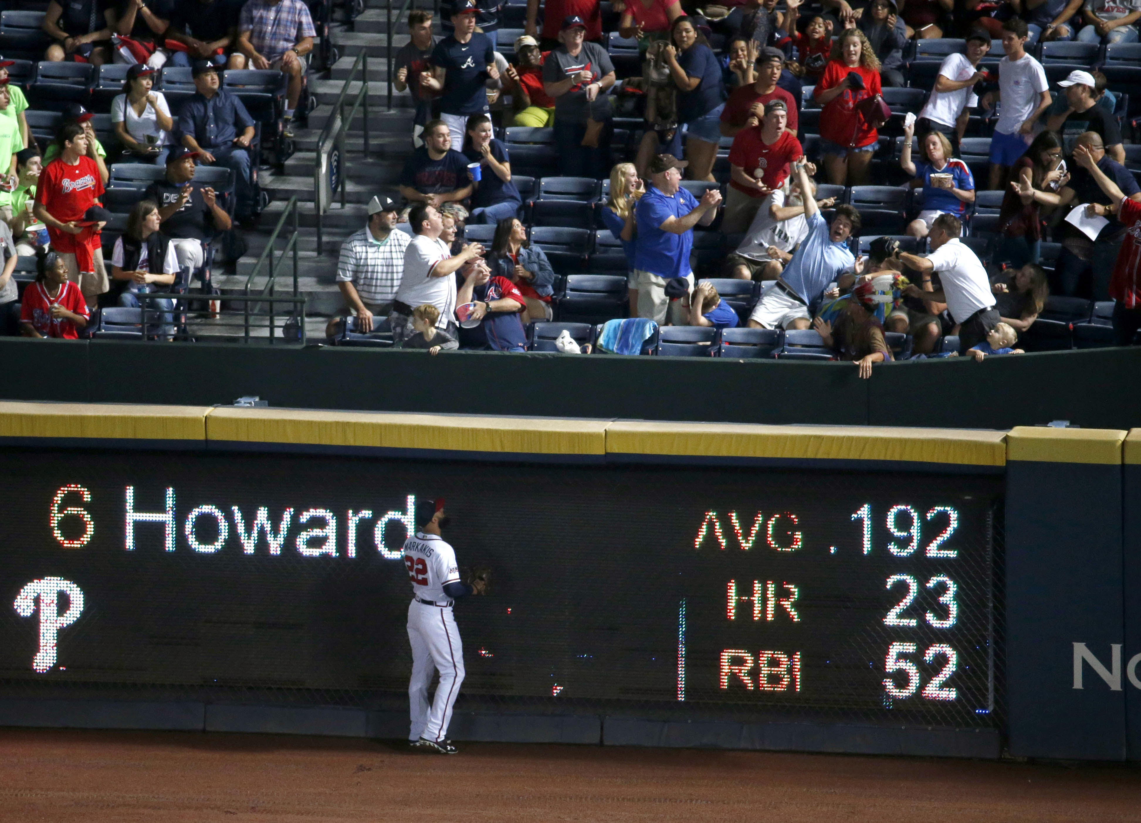 Sep 27, 2016; Atlanta, GA, USA; Atlanta Braves right fielder Nick Markakis (22) watches as Philadelphia Phillies first baseman Ryan Howard (not pictured) hits a grand slam in the first inning of their game at Turner Field. Mandatory Credit: Jason Getz-USA TODAY Sports