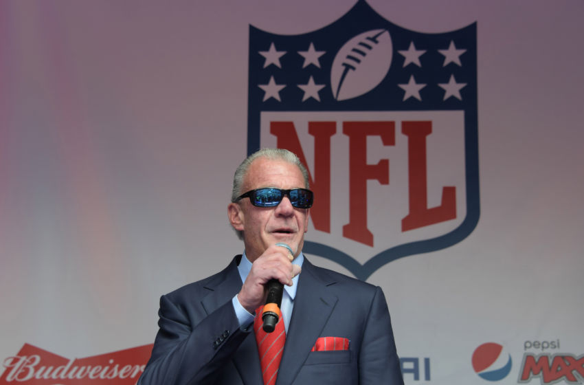 Oct 1, 2016; London, United Kingdom; Indianapolis Colts owner Jim Irsay on the main stage during NFL on Regent Street prior to the International Series game against the Jacksonville Jaguars. Mandatory Credit: Kirby Lee-USA TODAY Sports