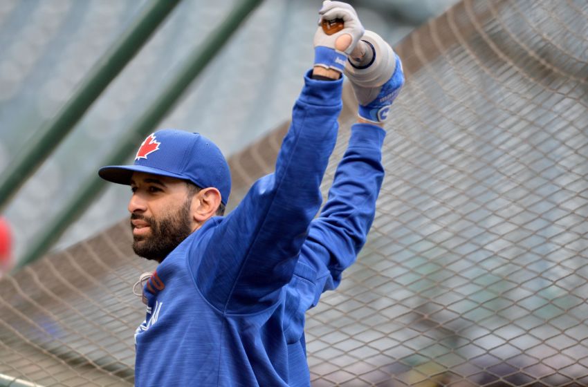Oct 13, 2016; Cleveland, OH, USA; Toronto Blue Jays right fielder Jose Bautista works out one day prior to game one of the ALCS at Progressive Field. Mandatory Credit: Ken Blaze-USA TODAY Sports