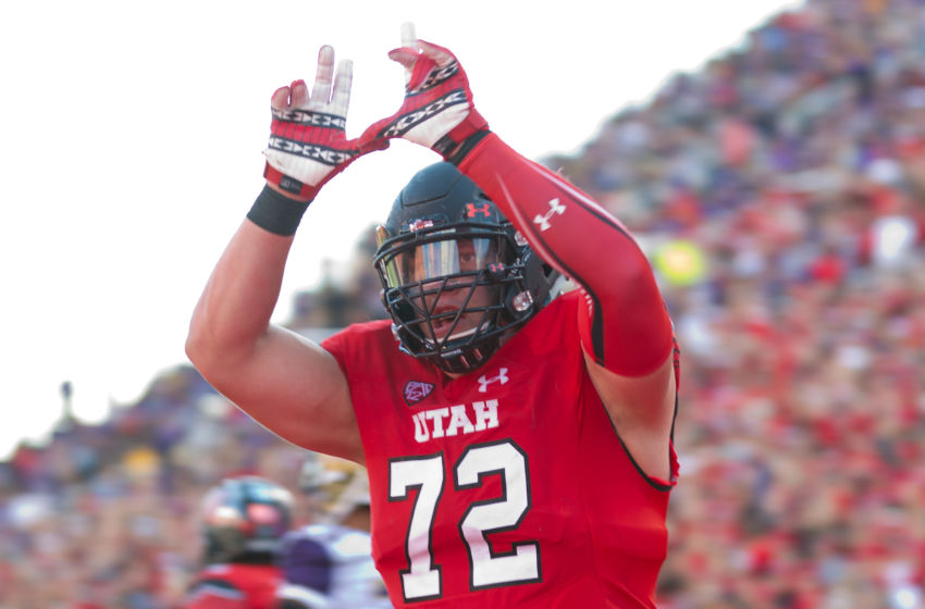 Oct 29, 2016; Salt Lake City, UT, USA; Utah Utes offensive lineman Garett Bolles (72) celebrates a touchdown by Utah Utes tight end Evan Moeai (not pictured) during the second half against the Washington Huskies at Rice-Eccles Stadium. Washington won 31-24. Mandatory Credit: Russ Isabella-USA TODAY Sports