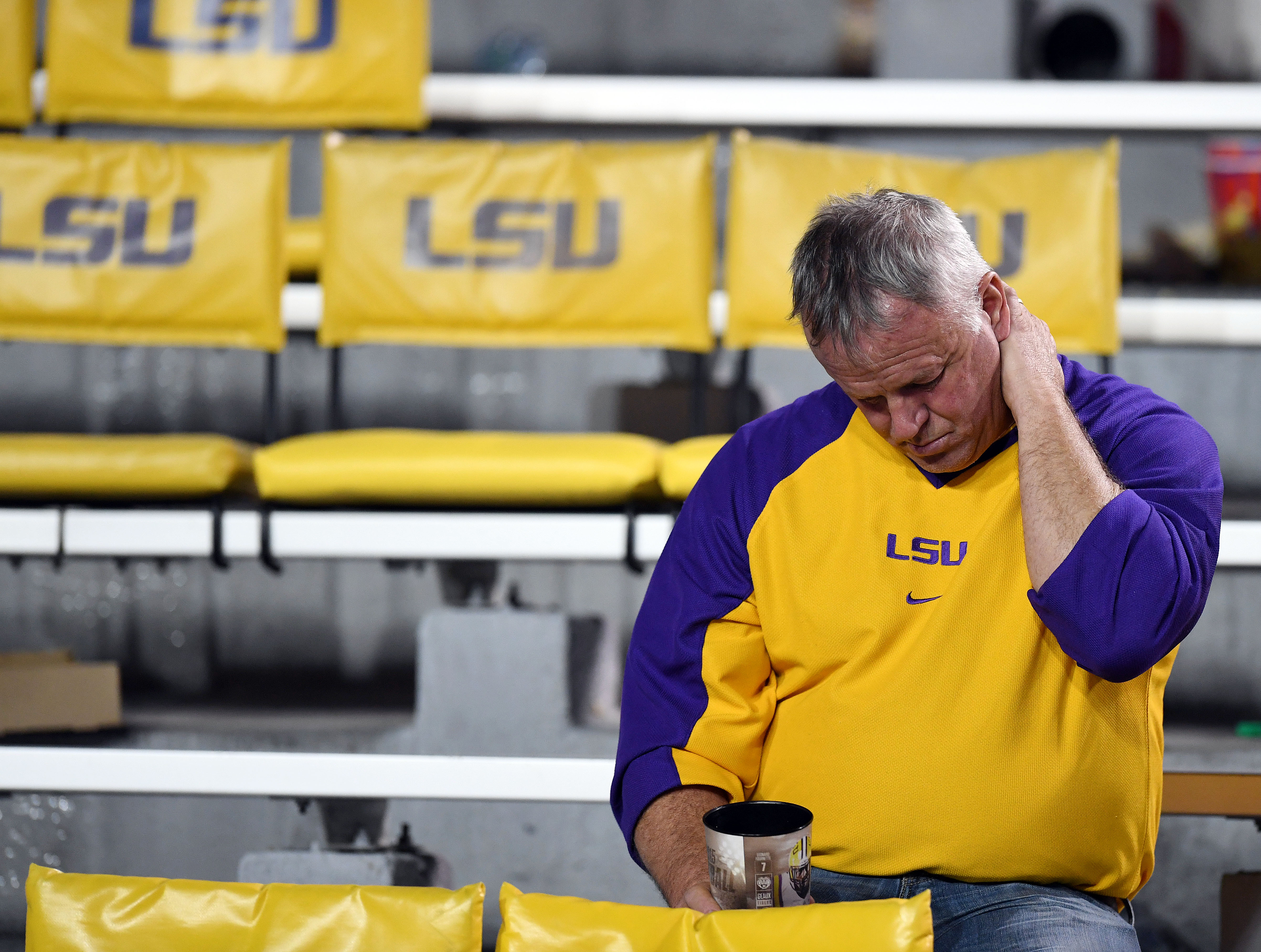 Nov 5, 2016; Baton Rouge, LA, USA; Tigers fans remain in the stands following the LSU Tigers 10-0 loss to the Alabama Crimson Tide at Tiger Stadium. Mandatory Credit: John David Mercer-USA TODAY Sports